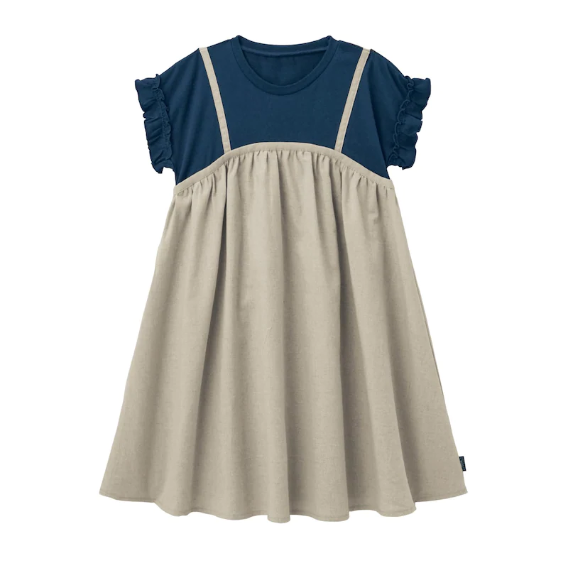 日本千趣會 - 假兩件吊帶棉麻透氣荷葉袖洋裝-條紋x卡其