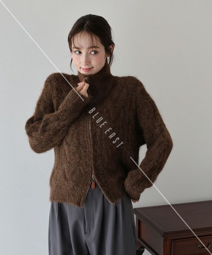 日本 BLUE EAST - 混羊毛麻花紋路立領雙拉鏈針織外套-象牙白