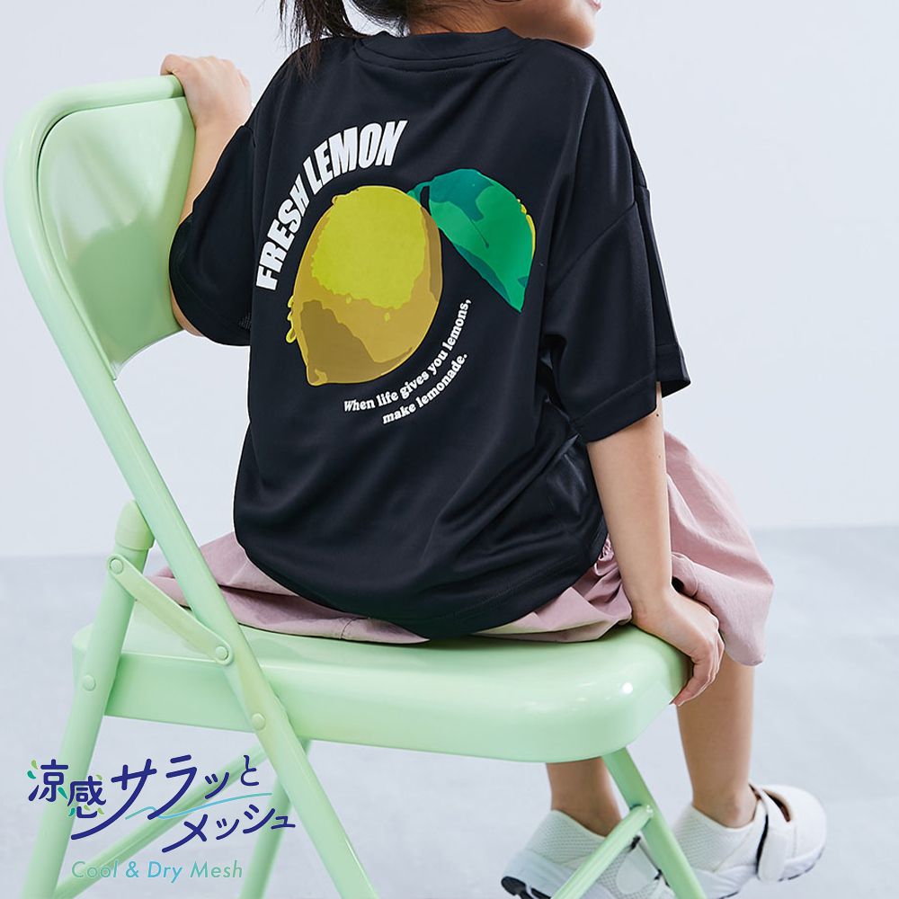 涼感速乾網眼 超舒適短袖上衣-背後檸檬-黑