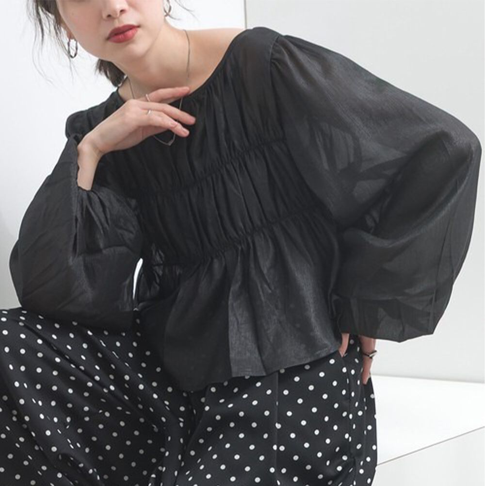 前後2way高雅光澤楊柳紗長袖上衣-黑
