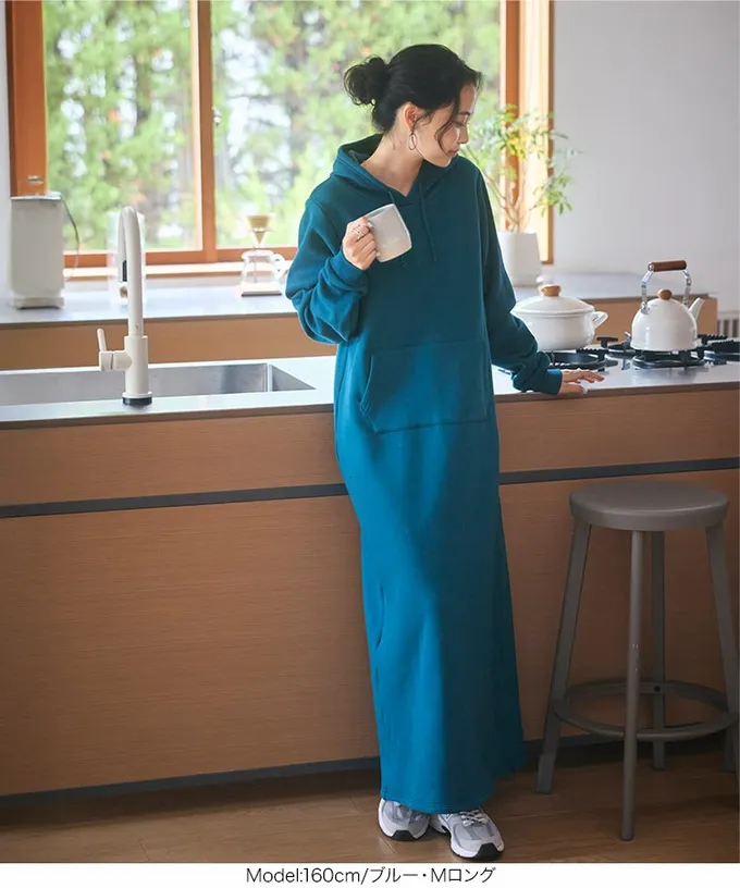 日本 Kobe Lettuce - 極上溫暖 裏起毛修身帽T長袖洋裝-粉杏