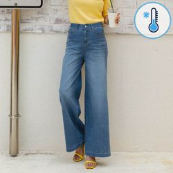 韓國女裝連線 - 96PLACE -3度涼感鬆緊腰垂墜丹寧寬褲-中青
