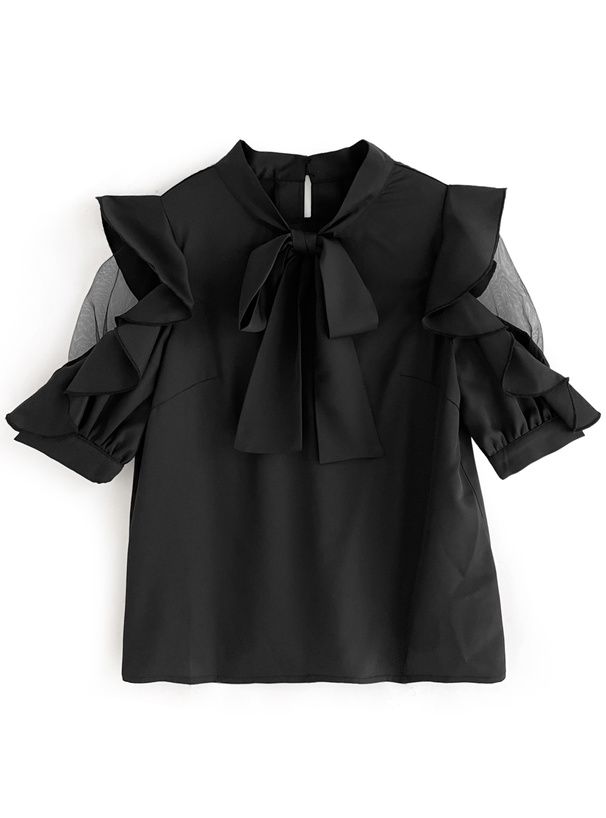 日本 GRL - 優雅紐結荷葉五分袖上衣-天使白