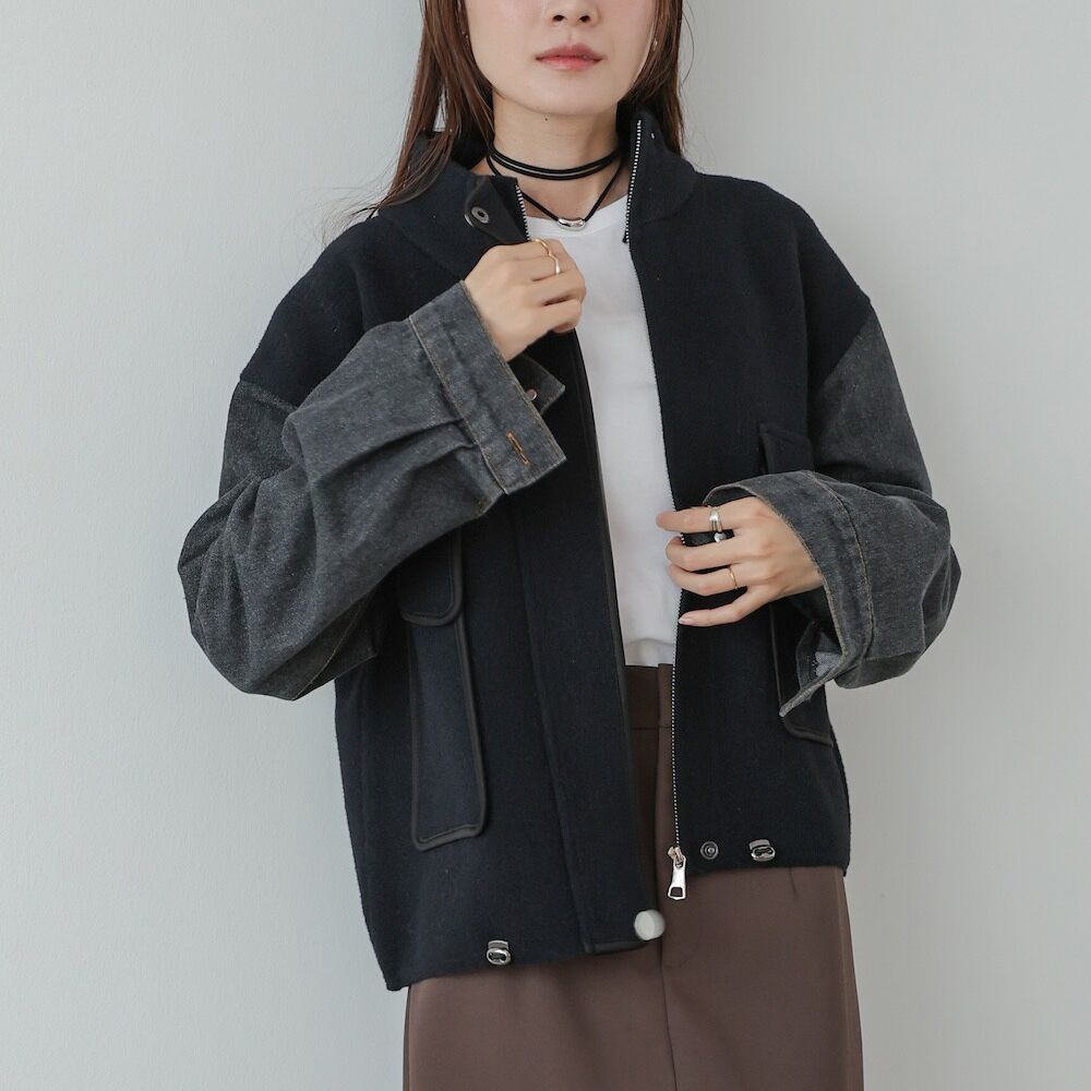 俐落簡潔丹寧袖拼接夾克/外套-黑系