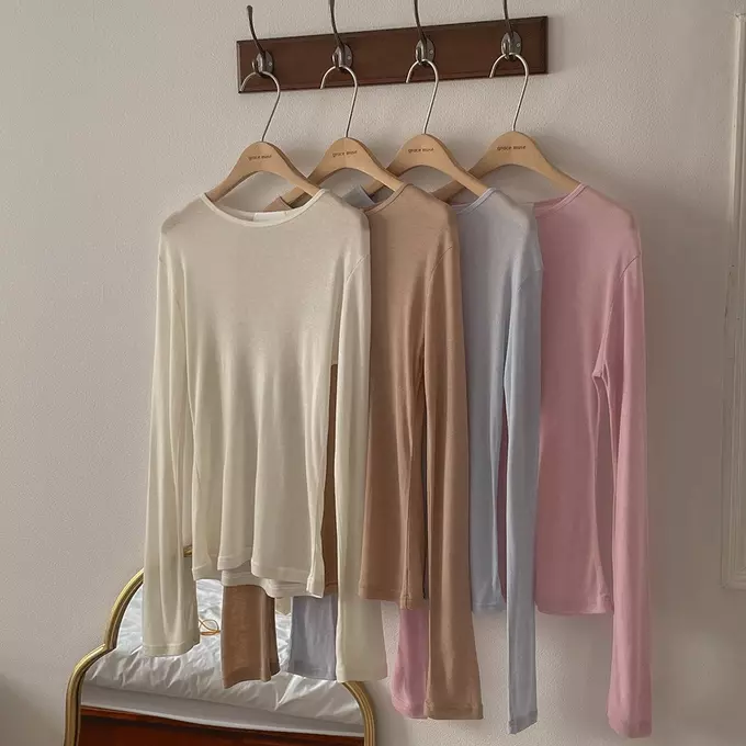 韓國女裝代購 - 搭配必備！極簡薄透長袖上衣-拿鐵咖 (FREE)