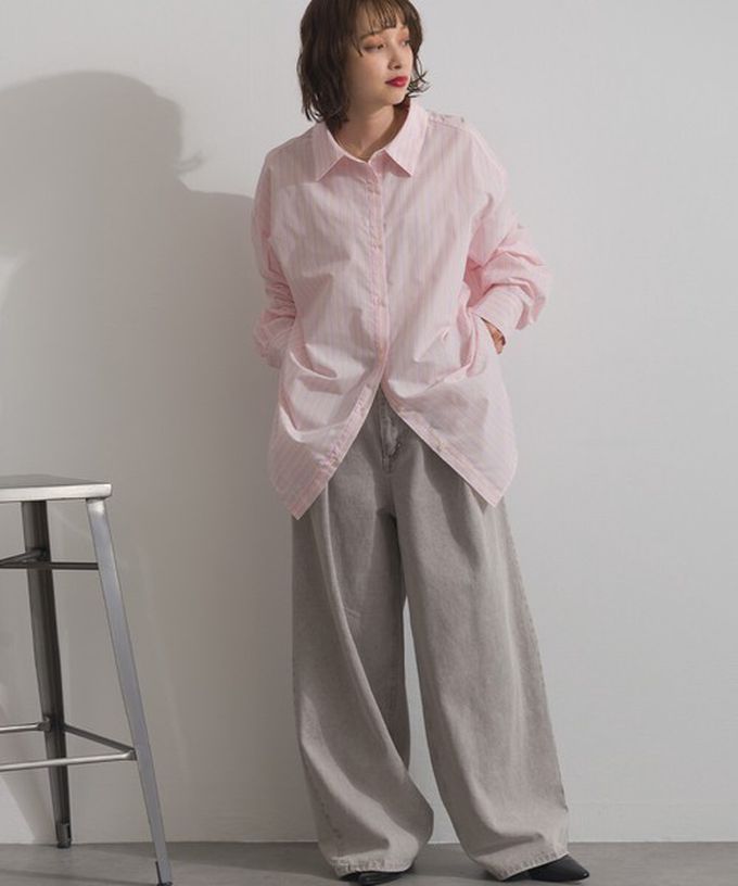 日本 ELENCARE DUE - 2way穿法俐落條紋寬版襯衫-粉紅