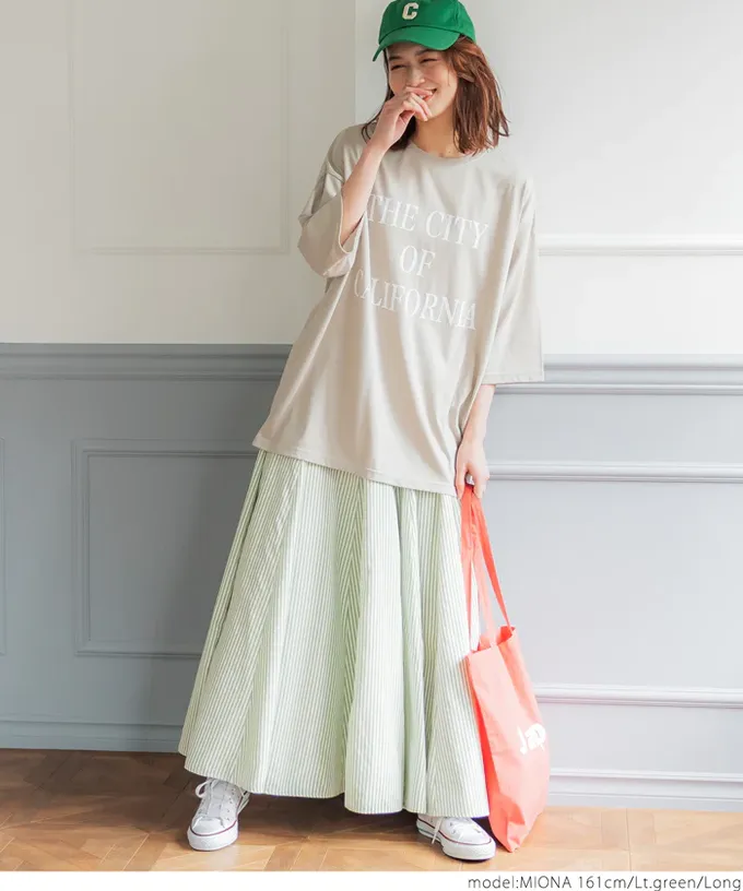 日本 COCA - 百搭直條紋顯瘦長裙-石墨灰