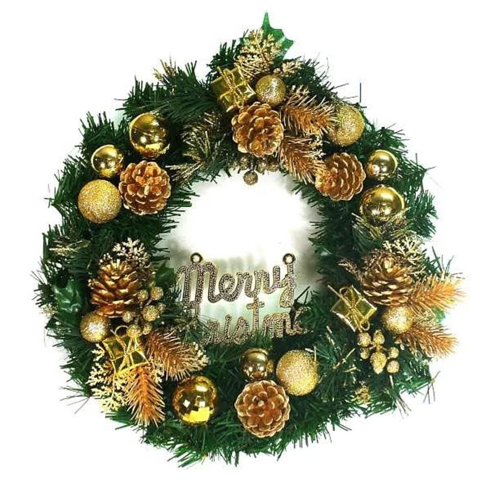 MODACore 摩達客 - 摩達客耶誕-14吋豪華高級綠色聖誕花圈(金色系)(台灣手工組裝)(本島免運費)-金色系-綠色聖誕