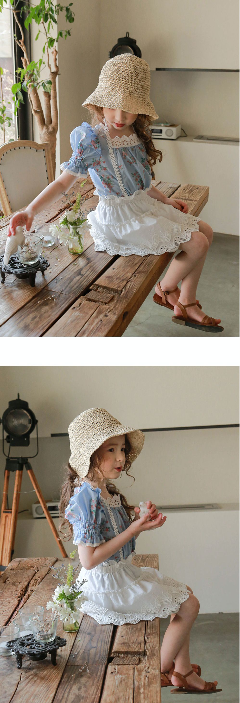 韓國 PuellaFLO - ㄩ字領公主袖花花上衣-天藍