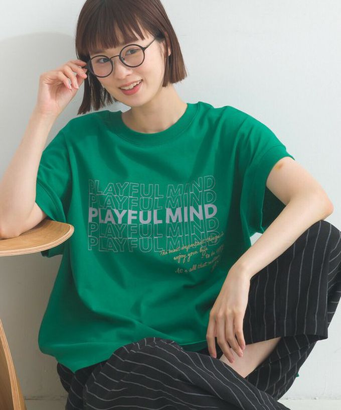 日本 Lupilien - 16OE天竺棉 法式英文標語短袖上衣-淺卡其