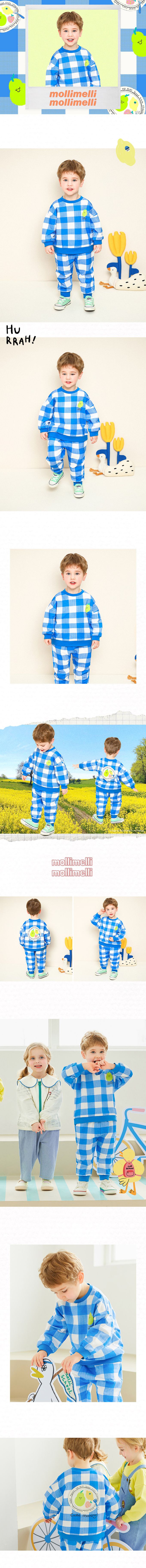 韓國 mollimelli - 水果印花大格紋長袖套裝-藍