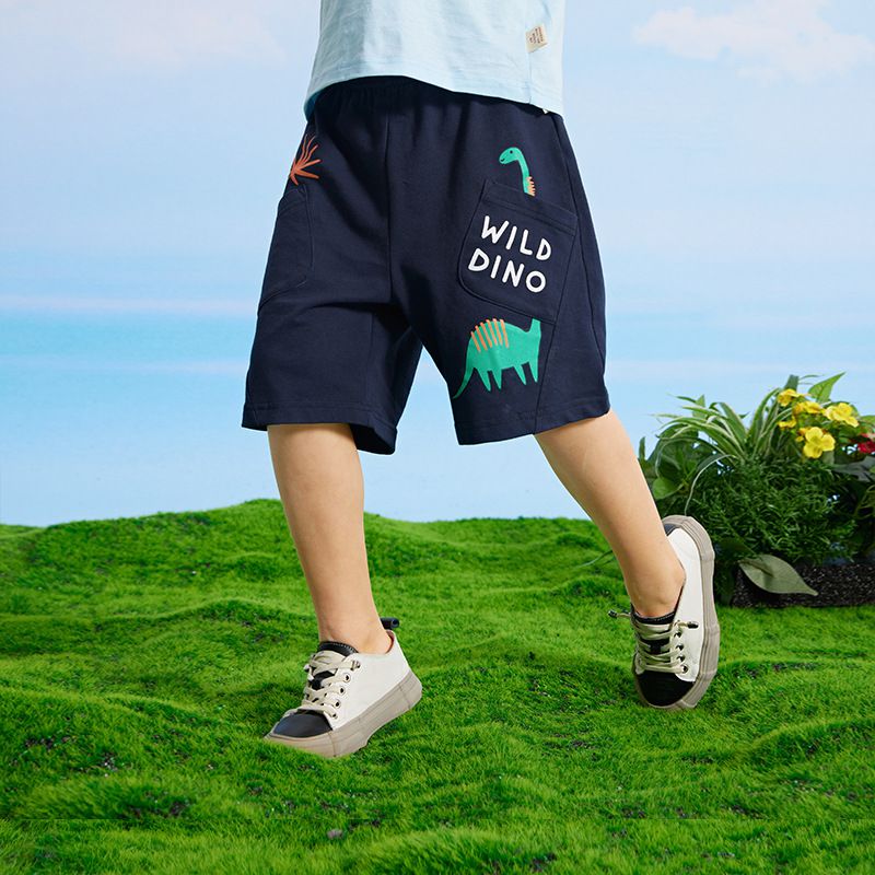 純棉休閒運動五分褲-長脖子恐龍-杏色