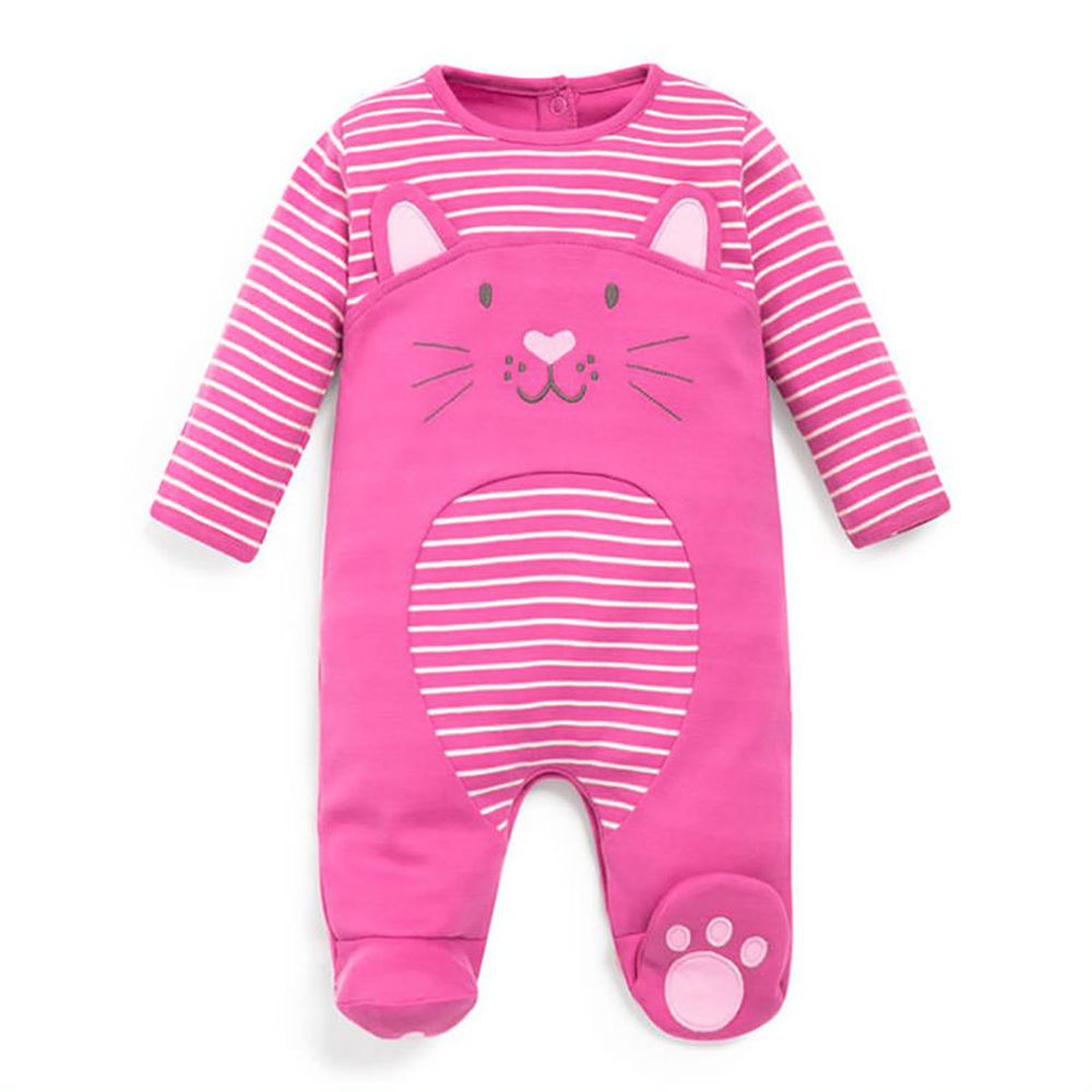 英國 JoJo Maman BeBe - 嬰幼兒長袖純棉包腳連身衣-粉紅貓