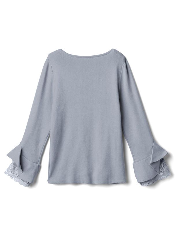 日本 GRL - 氣質V領蕾絲花朵袖針織上衣-天使白