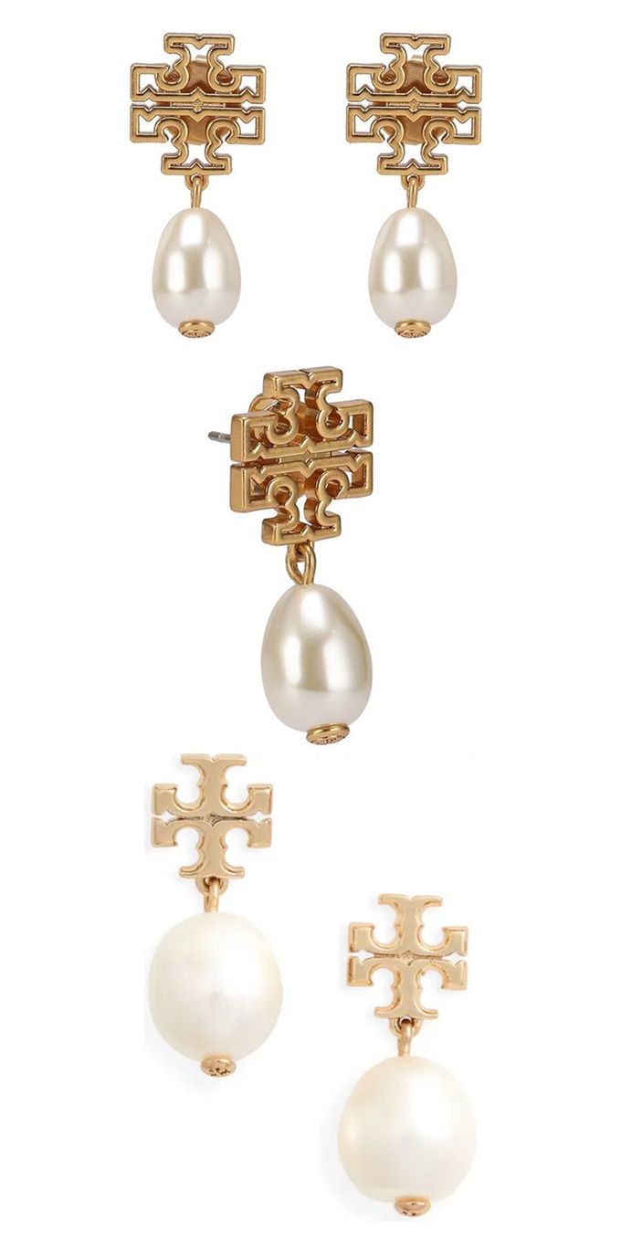 Tory burch - 雙TLOGO珍珠耳環-金