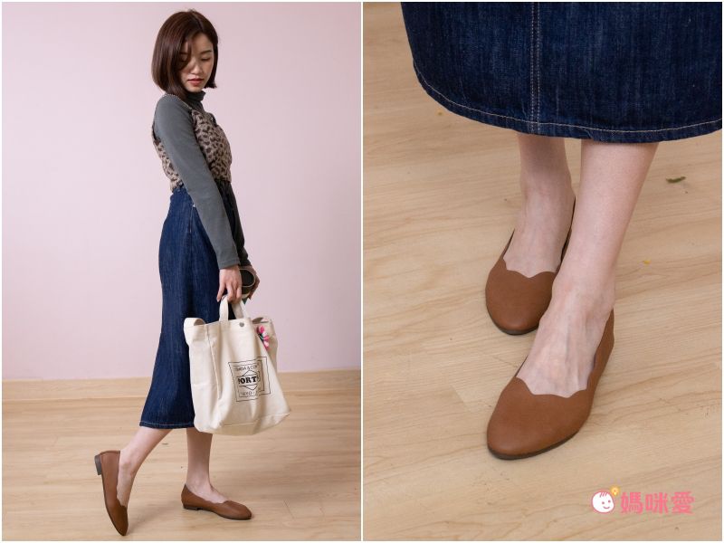 日本女裝代購 - 日本製 仿皮顯瘦尖頭柔軟波浪平底包鞋-焦糖