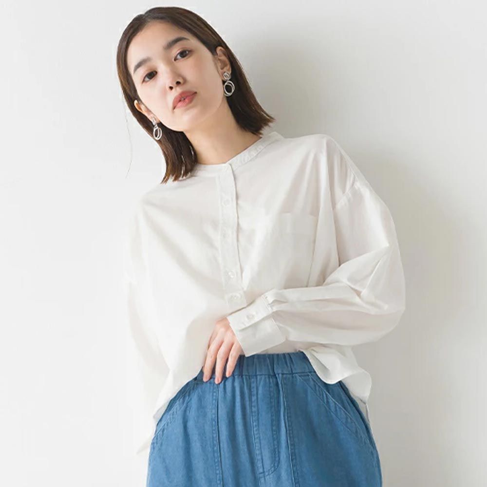 日本 OMNES - 100%棉 厚磅小立領長袖襯衫-白-1435