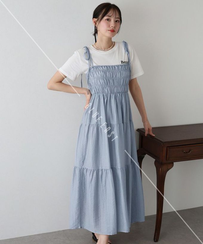 日本 BLUE EAST - 清爽透膚感皺摺綁帶分層洋裝-灰