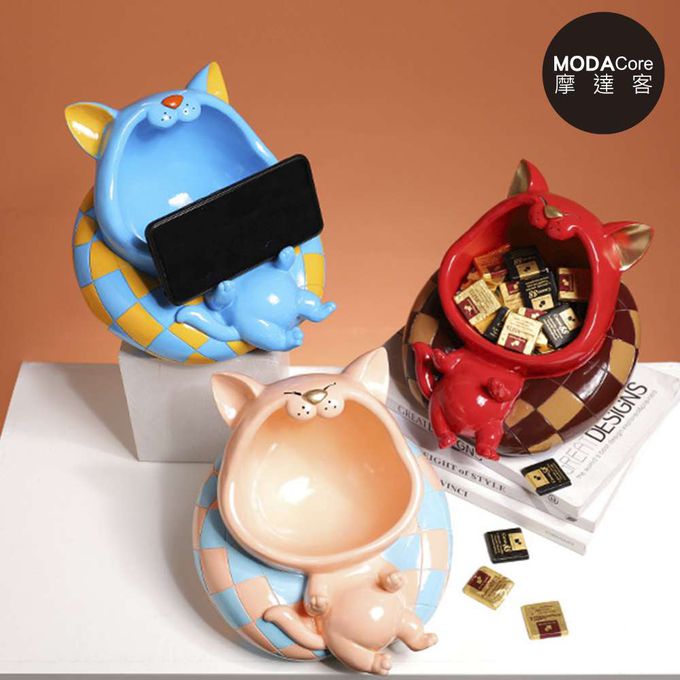MODACore 摩達客 - 摩達客◉春節開運招財◉沙發大嘴紅色招財貓手機架擺飾_聚寶盆糖果收納好物-藍色