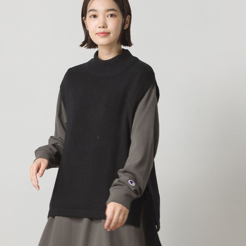 日本 OMNES - 50%羊毛 小立領側綁帶針織背心-黑