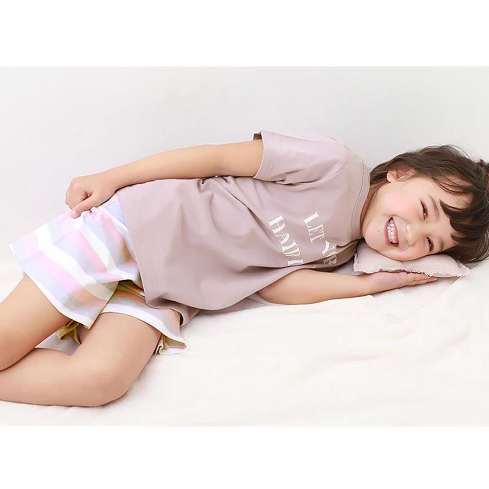 日本 devirock - 純棉舒適短袖家居服/睡衣-標語條紋-粉紫