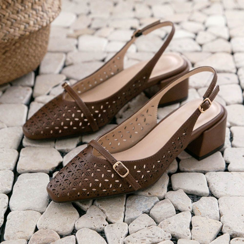 復古鏤空包頭粗跟涼鞋(6cm)-咖啡