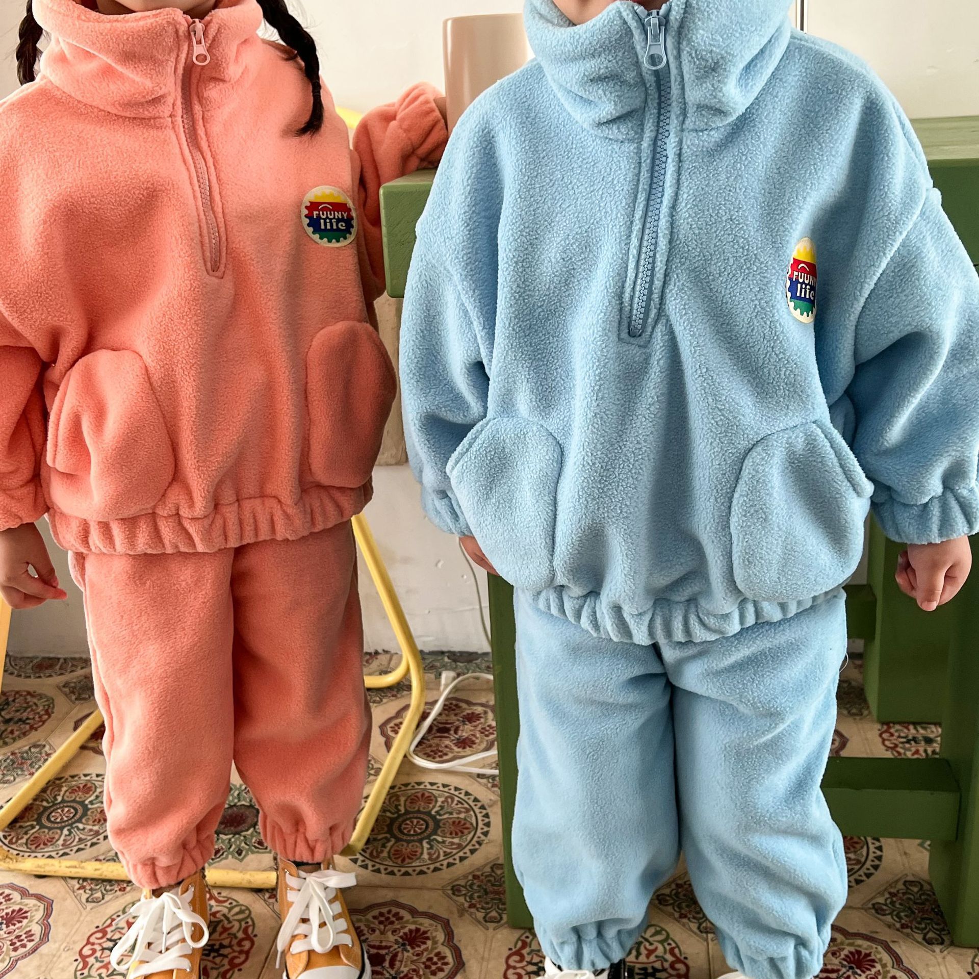 搖粒絨拉鍊休閒套裝-粉橘色