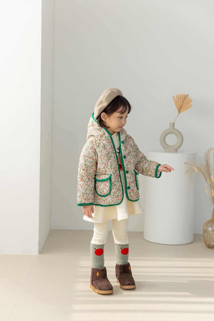 韓國 Orange Mom - 碎花鋪棉連帽外套-綠