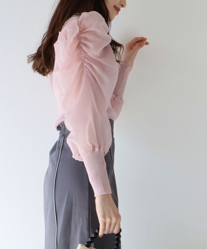 日本 BLUE EAST - 氣質薄紗抓皺長袖上衣-灰