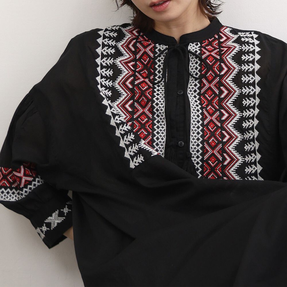 印度棉 波西米亞刺繡七分袖開襟洋裝-黑