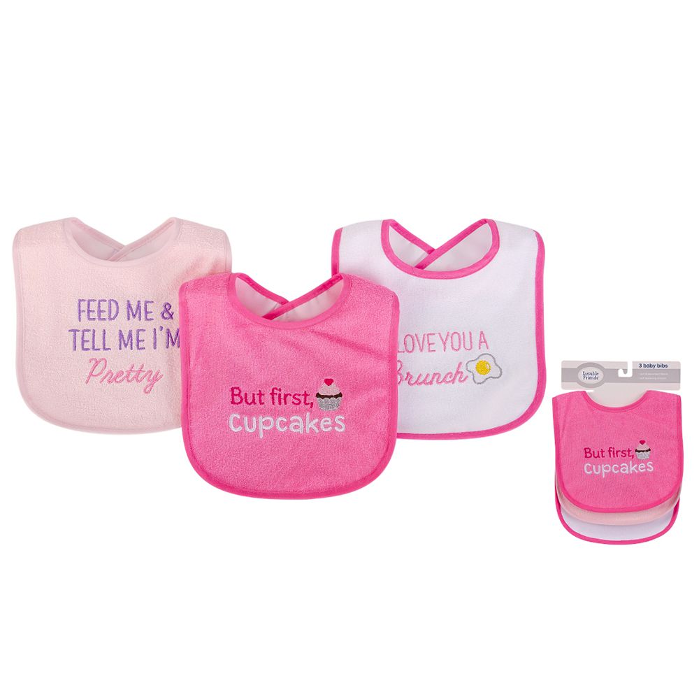 美國 Luvable Friends - 甜蜜寶貝嬰幼兒雙層吸水口水巾圍兜3入組-桃色杯子蛋糕