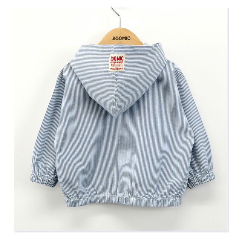 日本 ZOOLAND - 小熊刺繡口袋休閒連帽外套-藍條紋