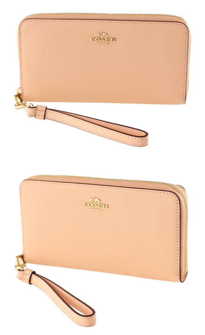 COACH - 素面皮革手掛式拉鍊長夾 (淺桔)