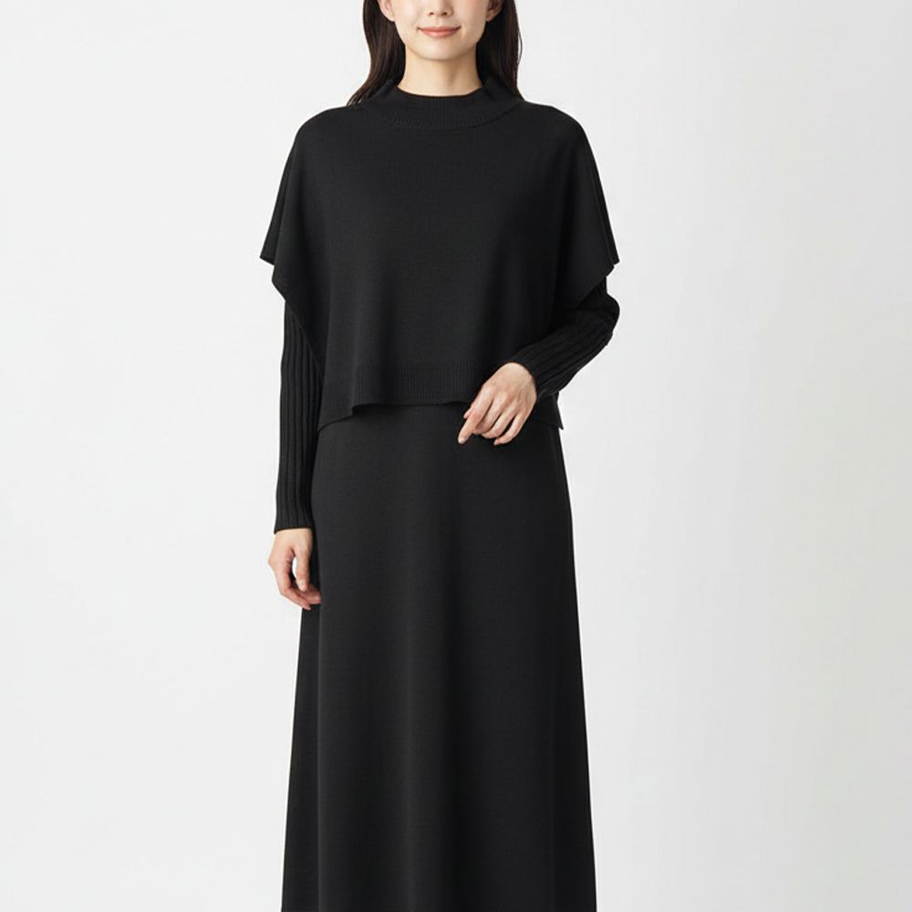 優美短版斗篷袖針織長袖洋裝(2件組)-黑