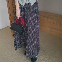 韓國女裝連線 - 鬆緊腰復古格紋壓褶飄逸長裙-酒紅X藍 (FREE)