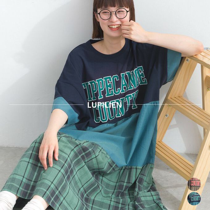 日本 Lupilien - 復古學院風 撞色格子拼接短袖洋裝-咖啡棕