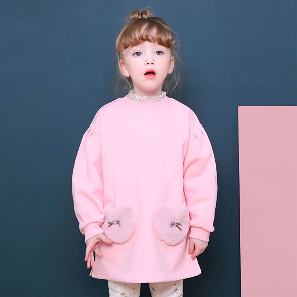 韓國 Jelispoon - (內刷毛)毛毛愛心口袋長版T-粉紅