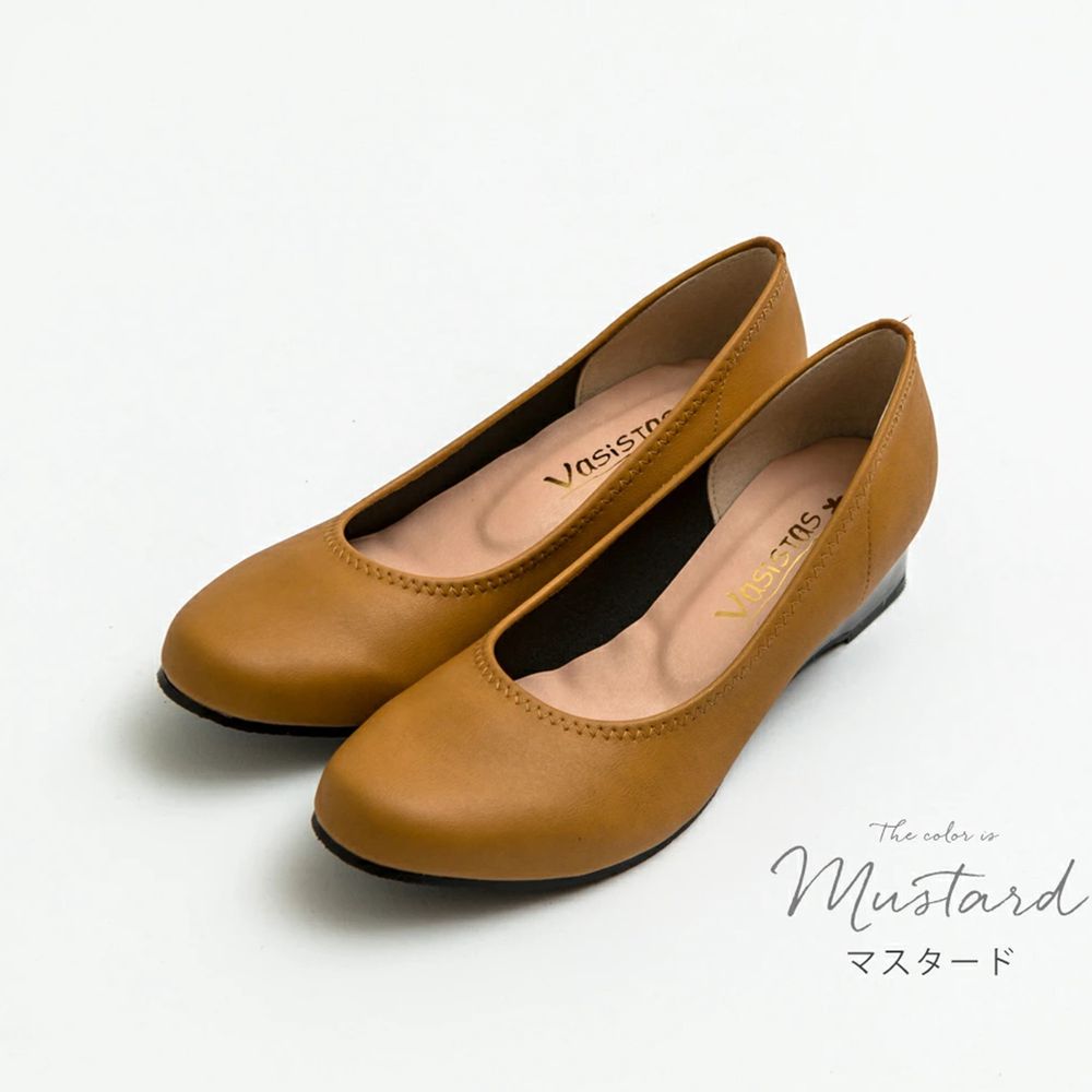 日本女裝代購 - 日本製 仿皮柔軟休閒楔形跟鞋-芥末