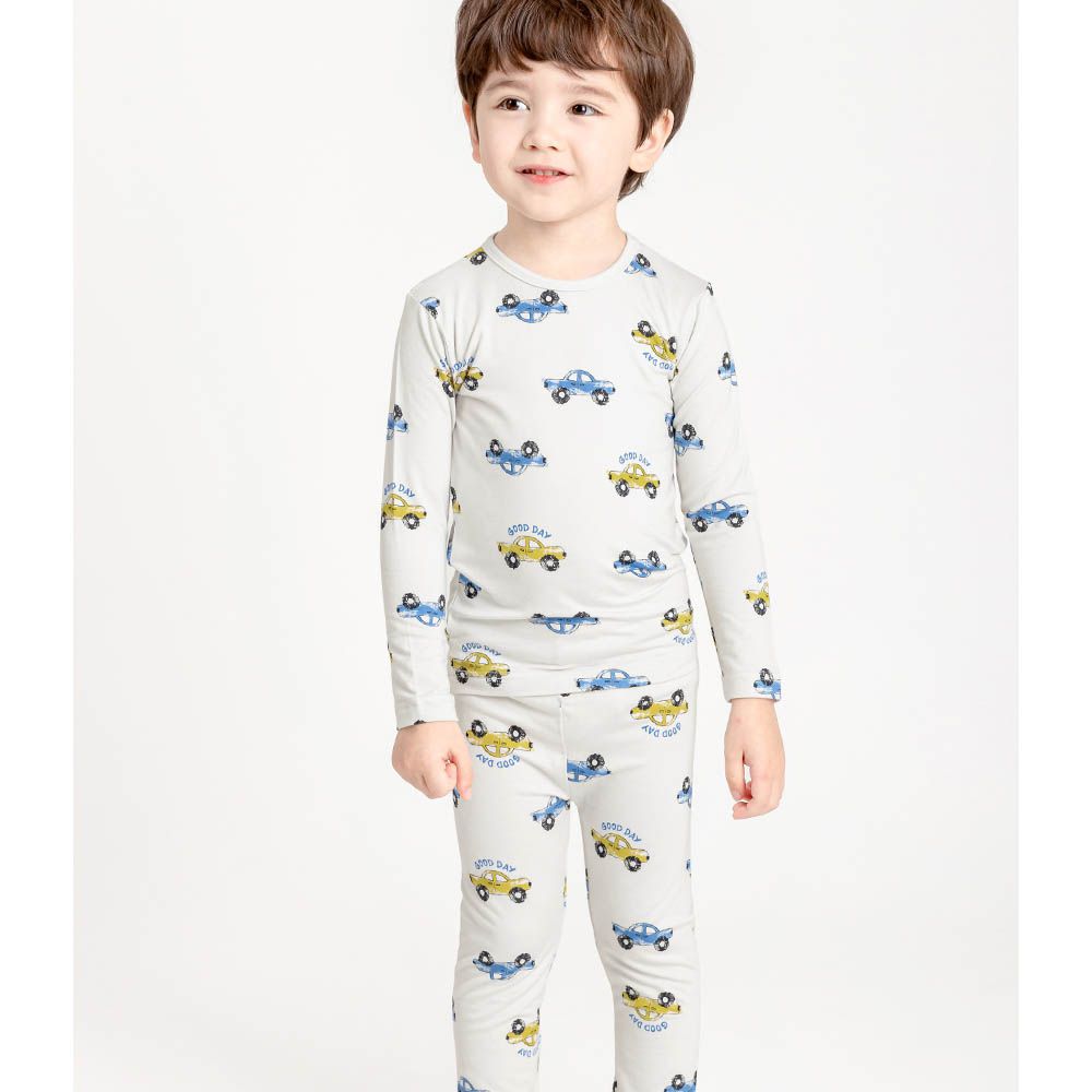 韓製親膚嫘縈彈力長袖家居服-手繪車車-淺灰