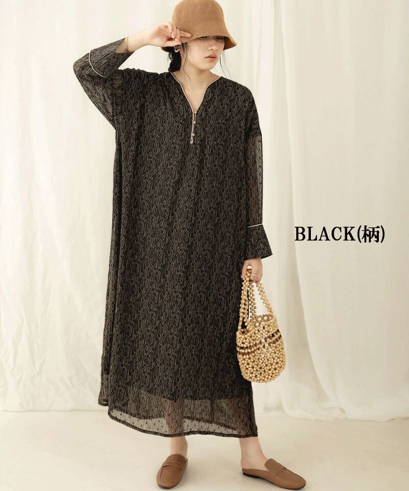 日本 Bou Jeloud - 小V領修身雪紡長袖洋裝-素面杏