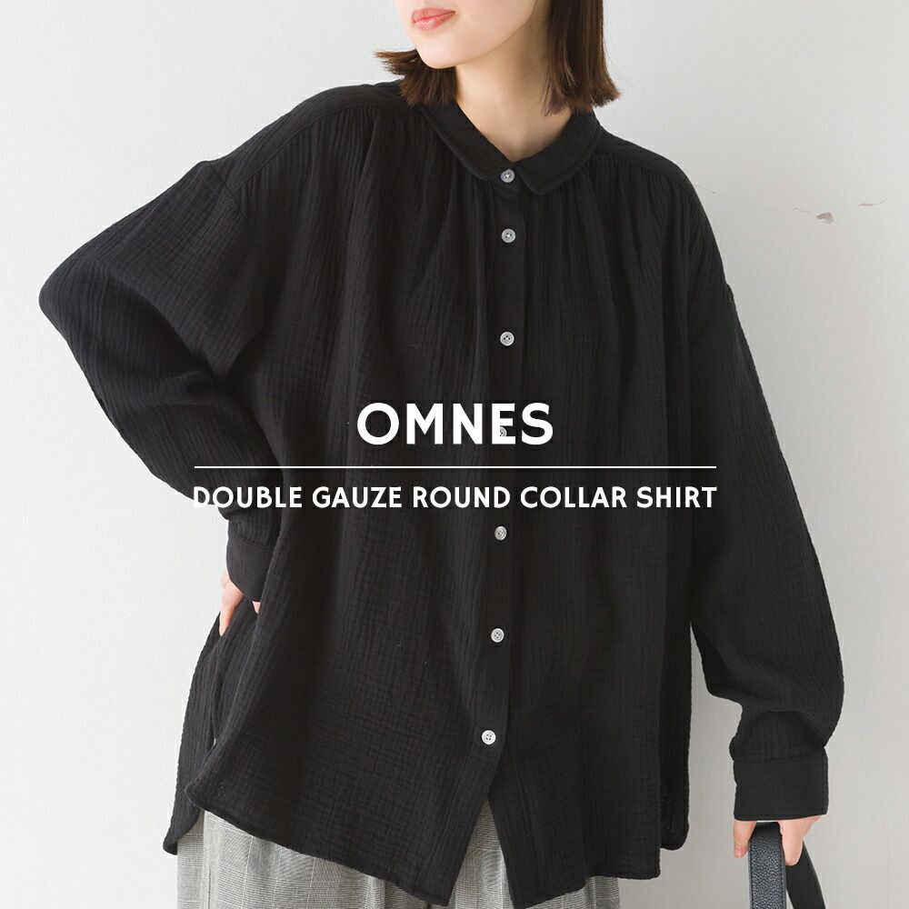 日本 OMNES - 翻領質感二重紗長袖襯衫-格紋-灰黑