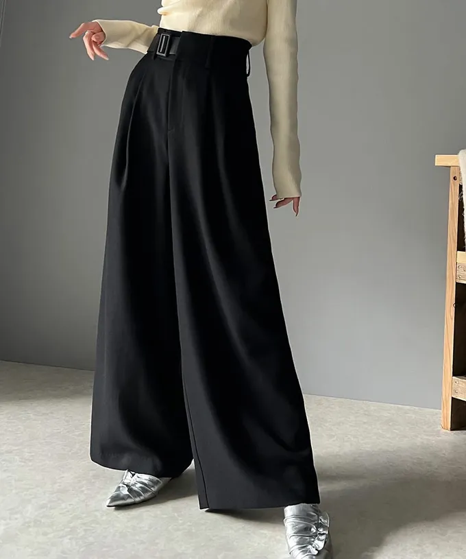 日本 Classical Elf - 腰帶造型粗花呢高腰美腿寬褲-黑