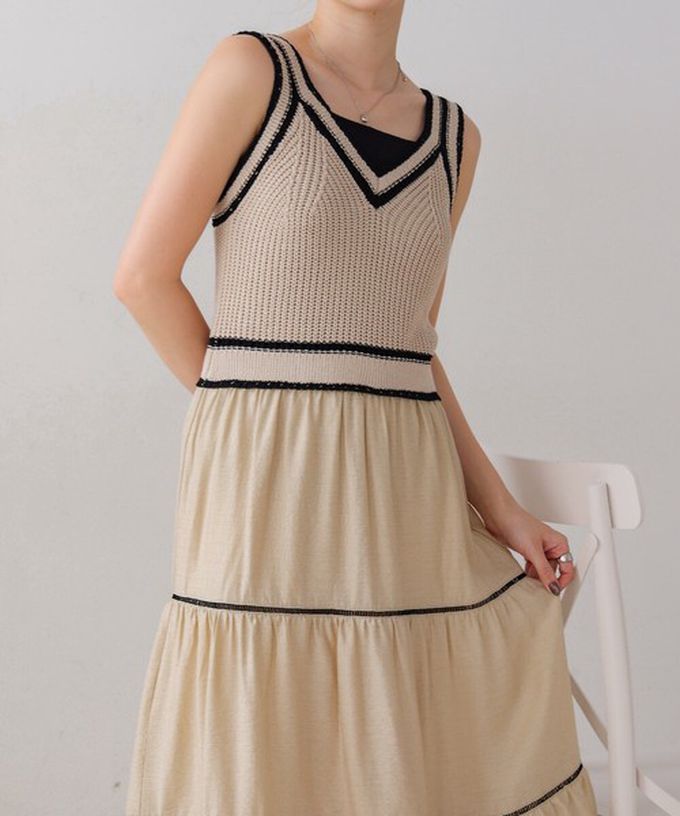 日本 Bab - 純棉針織拼接渡假風無袖洋裝-淺灰綠