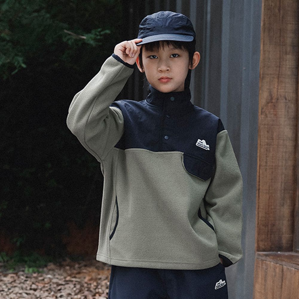 山系刷絨拼接半開襟長袖上衣-綠色