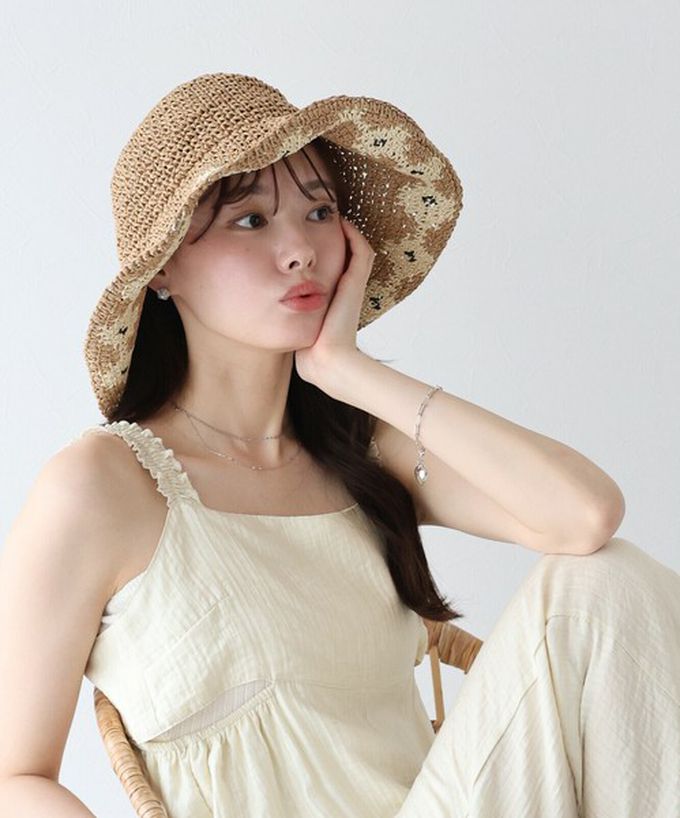 日本 BLUE EAST - 甜蜜花朵編織遮陽漁夫帽-棕