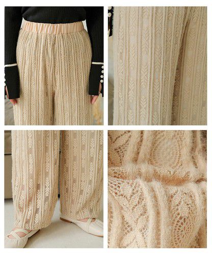 日本 Bou Jeloud - 蕾絲雕花垂墜寬褲-軍綠