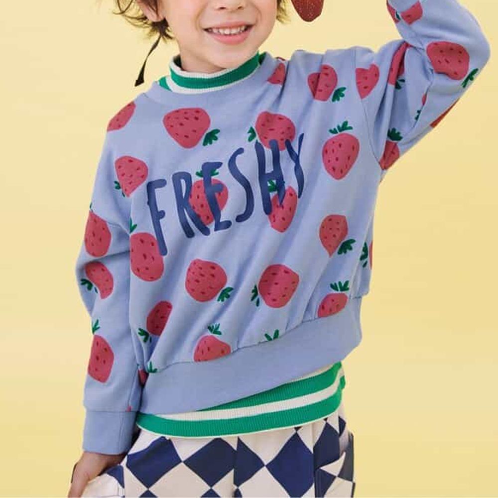 繽紛配色縮口大學長袖上衣-草莓-藍紫