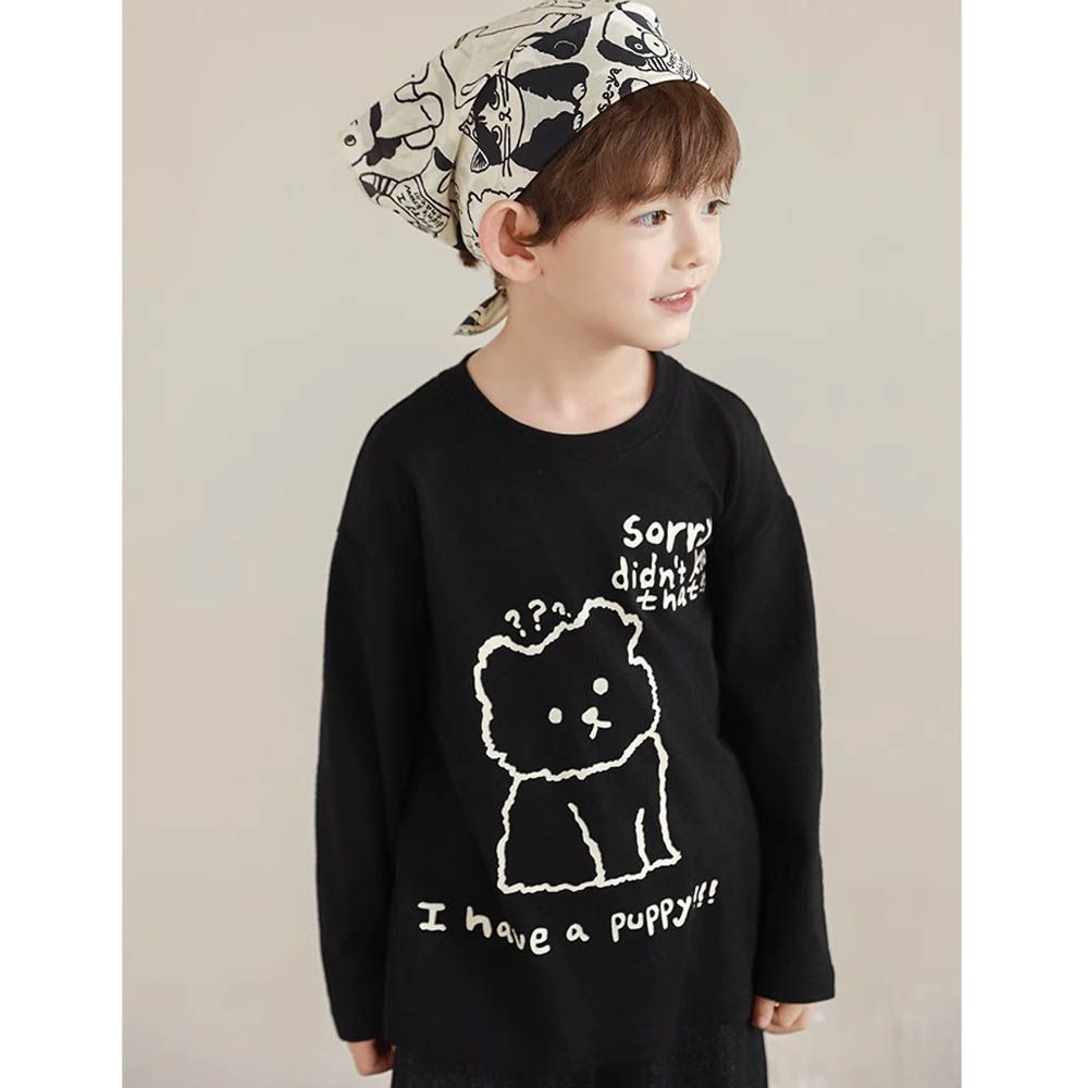 純棉竹節紋圓領落肩長袖上衣-萌趣狗狗-黑色