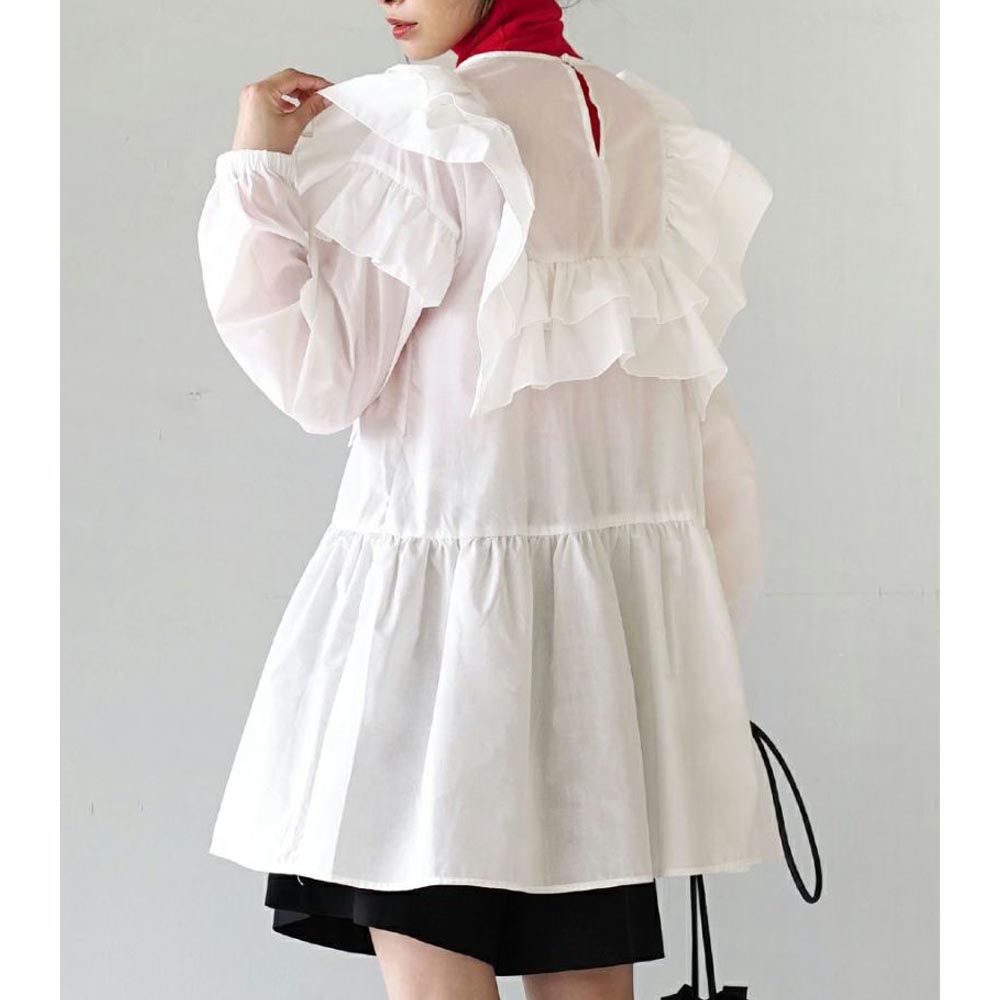 日本 zootie - 華麗法式花邊長袖上衣-白