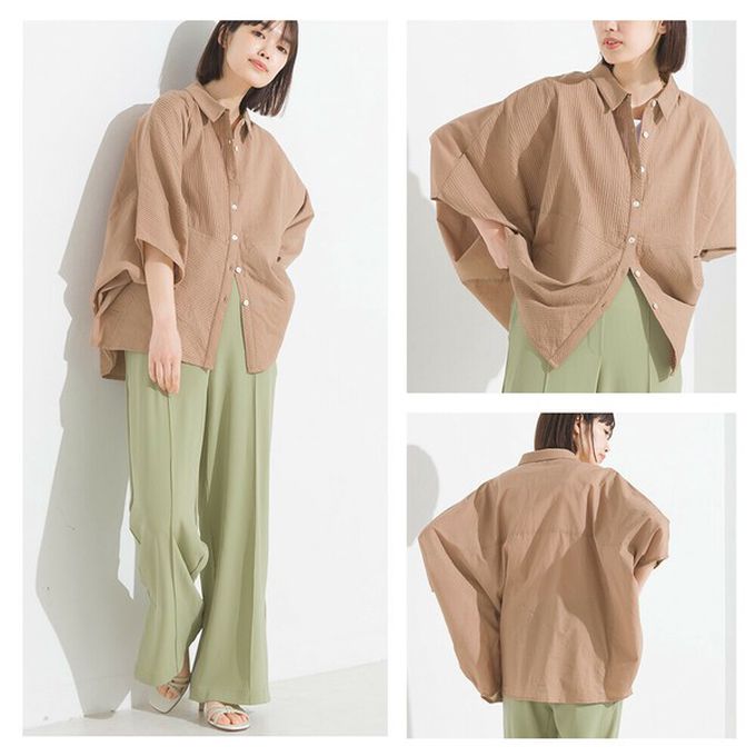 日本 OMNES - 100%印度棉 柔軟透氣寬袖襯衫(附口袋)-草綠